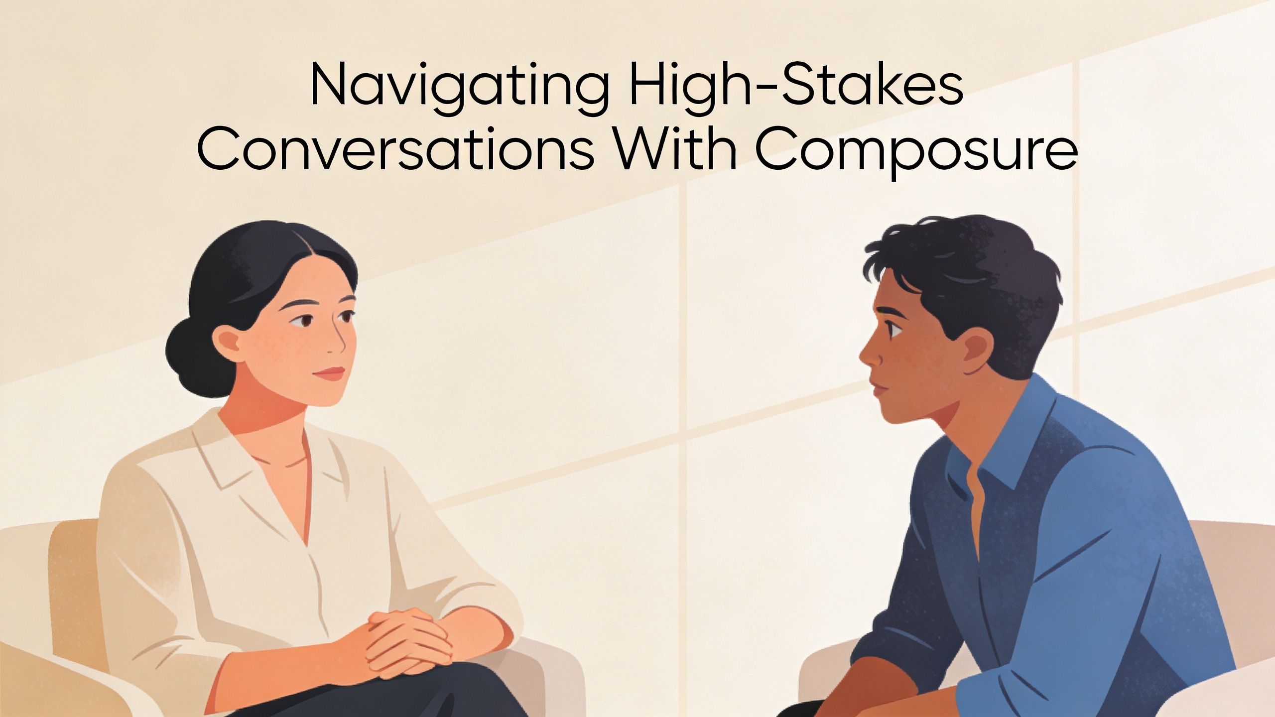 An illustration of a man and a woman in a professional discussion about navigating high-stakes conversations.