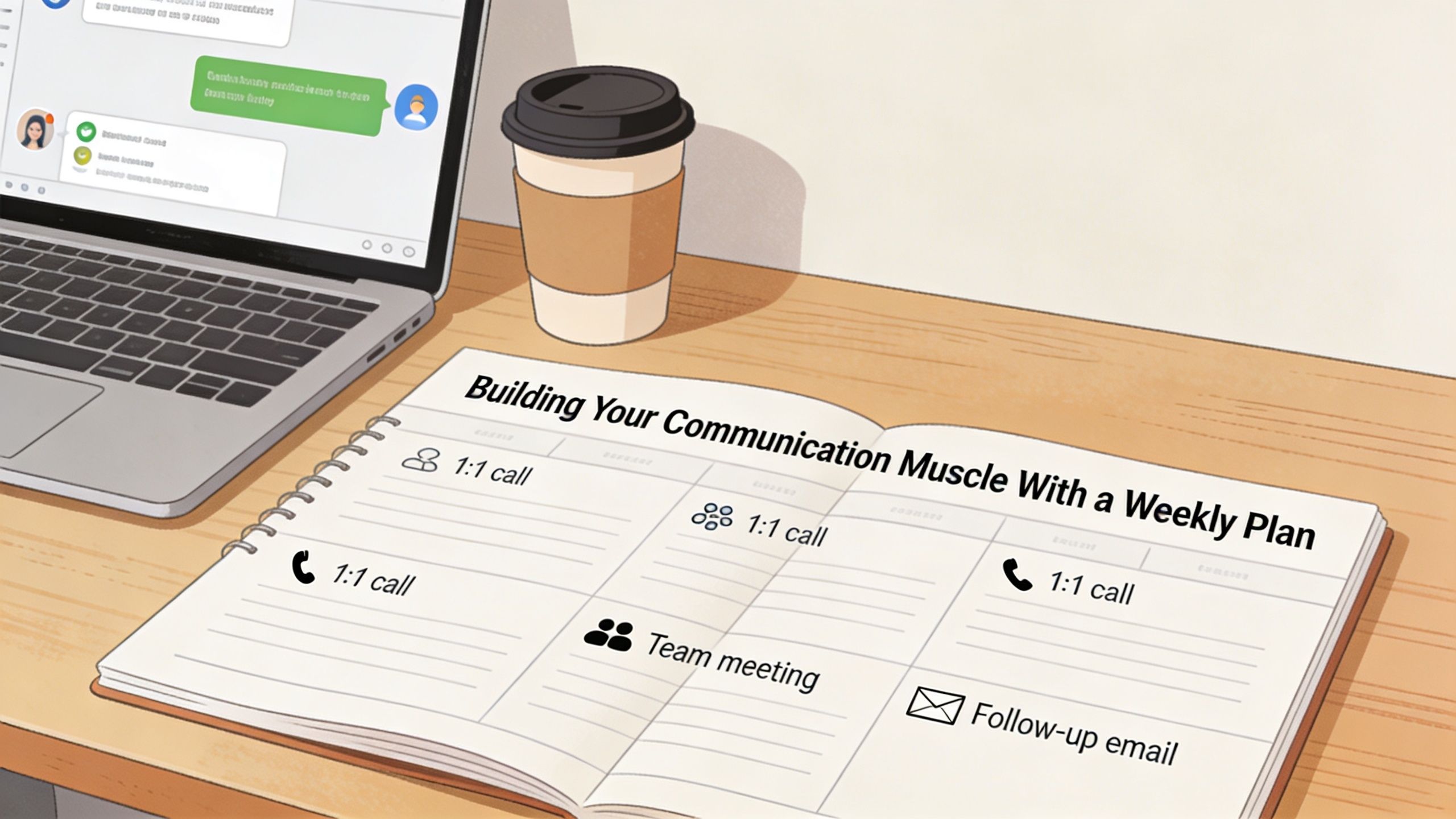 A professional desk setup featuring a laptop and an open planner detailing a weekly communication meeting schedule.