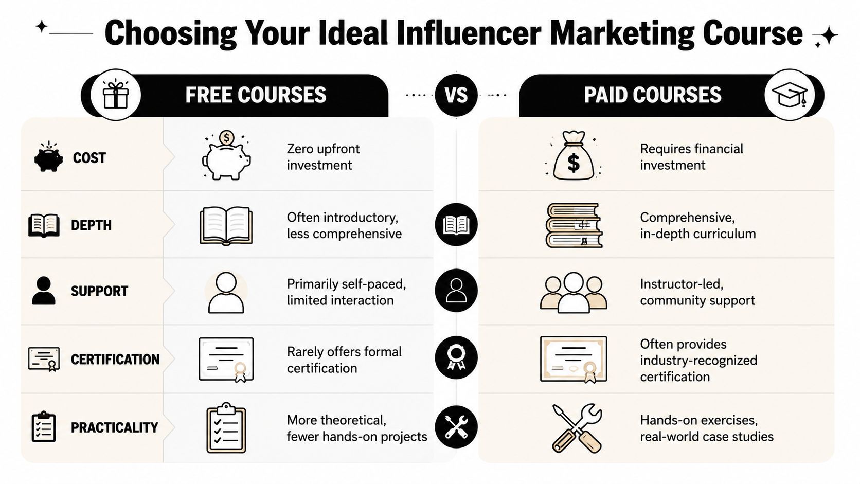 A comparison infographic between free and paid influencer marketing courses covering cost, depth, support, certification, and practicality.
