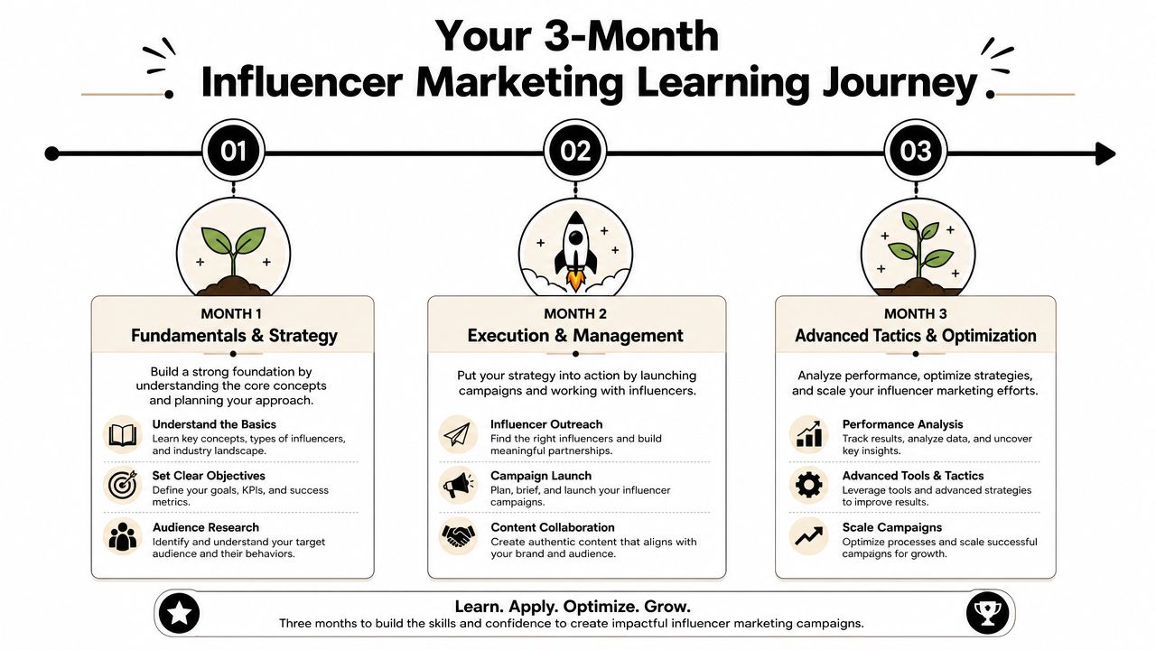 An infographic showing a 3-month influencer marketing learning journey, broken down into strategy, execution, and optimization phases.
