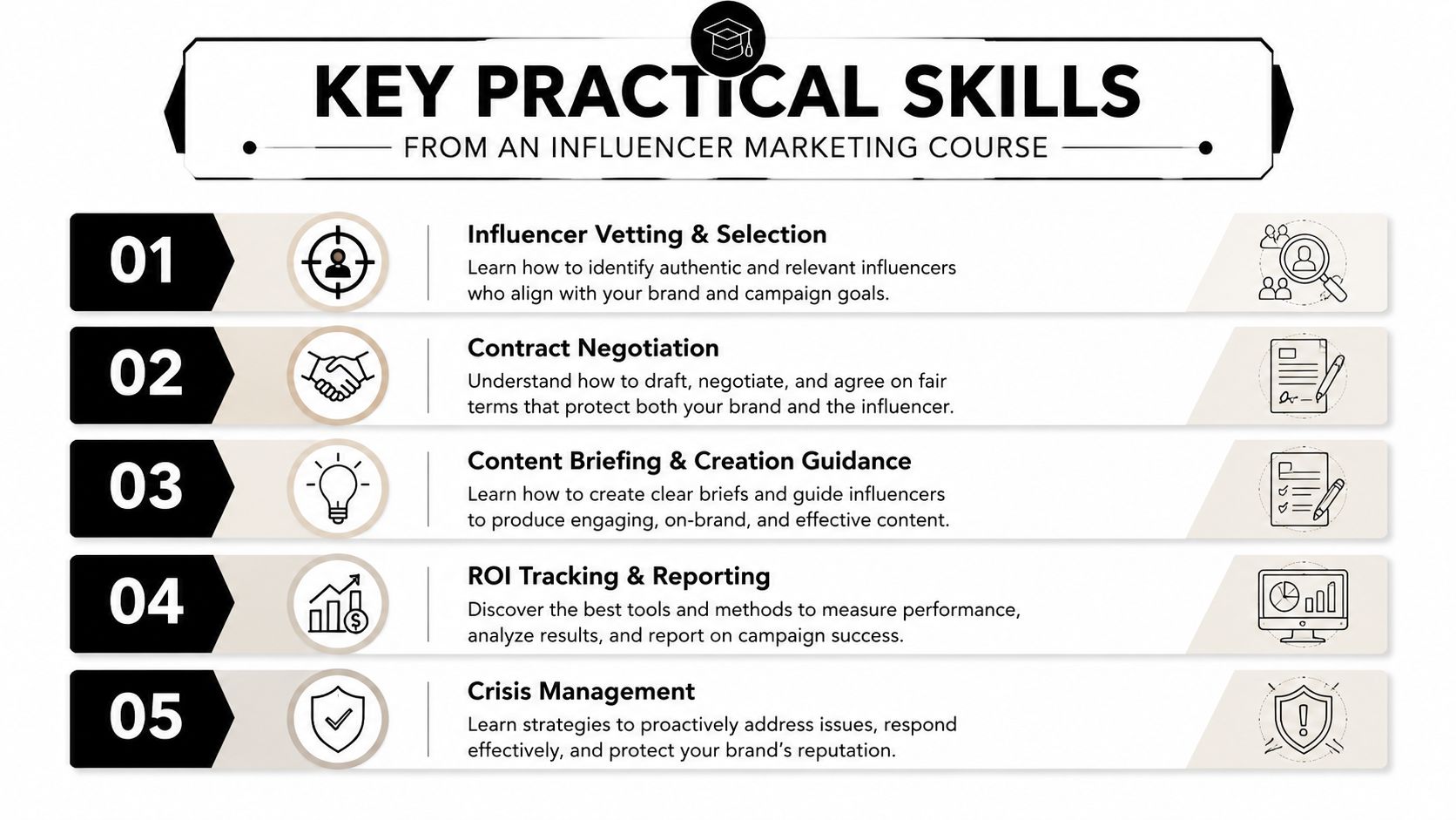 A list of five essential practical skills taught in an influencer marketing course, including strategy and management.