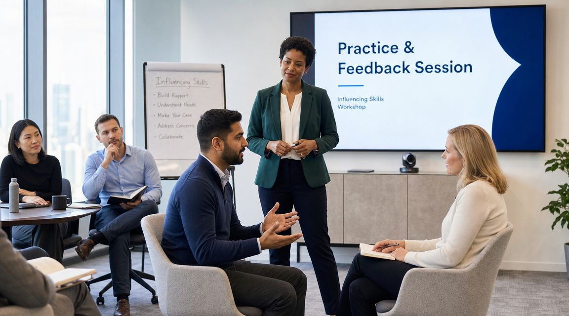 A diverse group of professionals participating in an interactive influencing skills training session in a modern office.