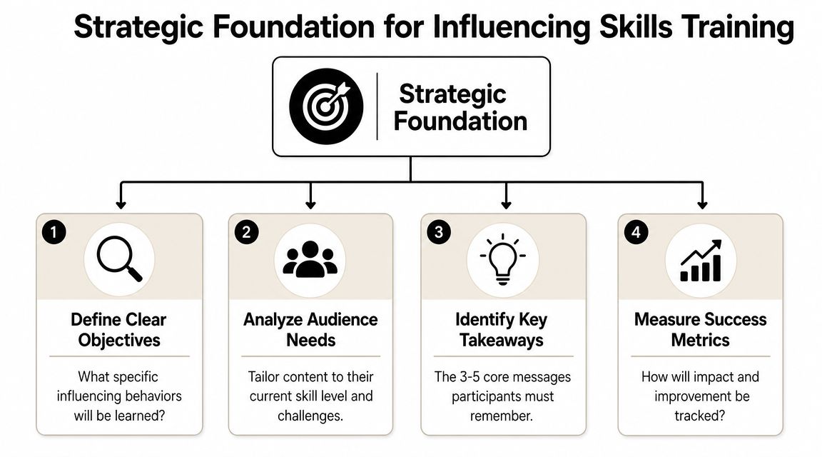 A strategic foundation diagram outlining four key steps for developing effective influencing skills training programs.