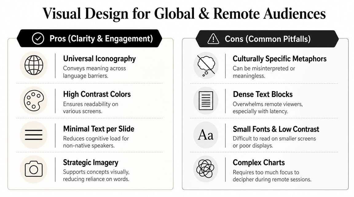 A comparison chart outlining pros and cons of visual design choices for global and remote audiences.