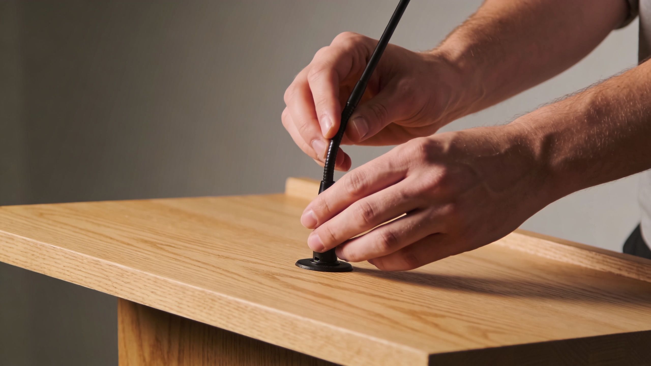 A man's hands adjusting a microphone on a wooden lectern to prepare for a public speaking presentation.