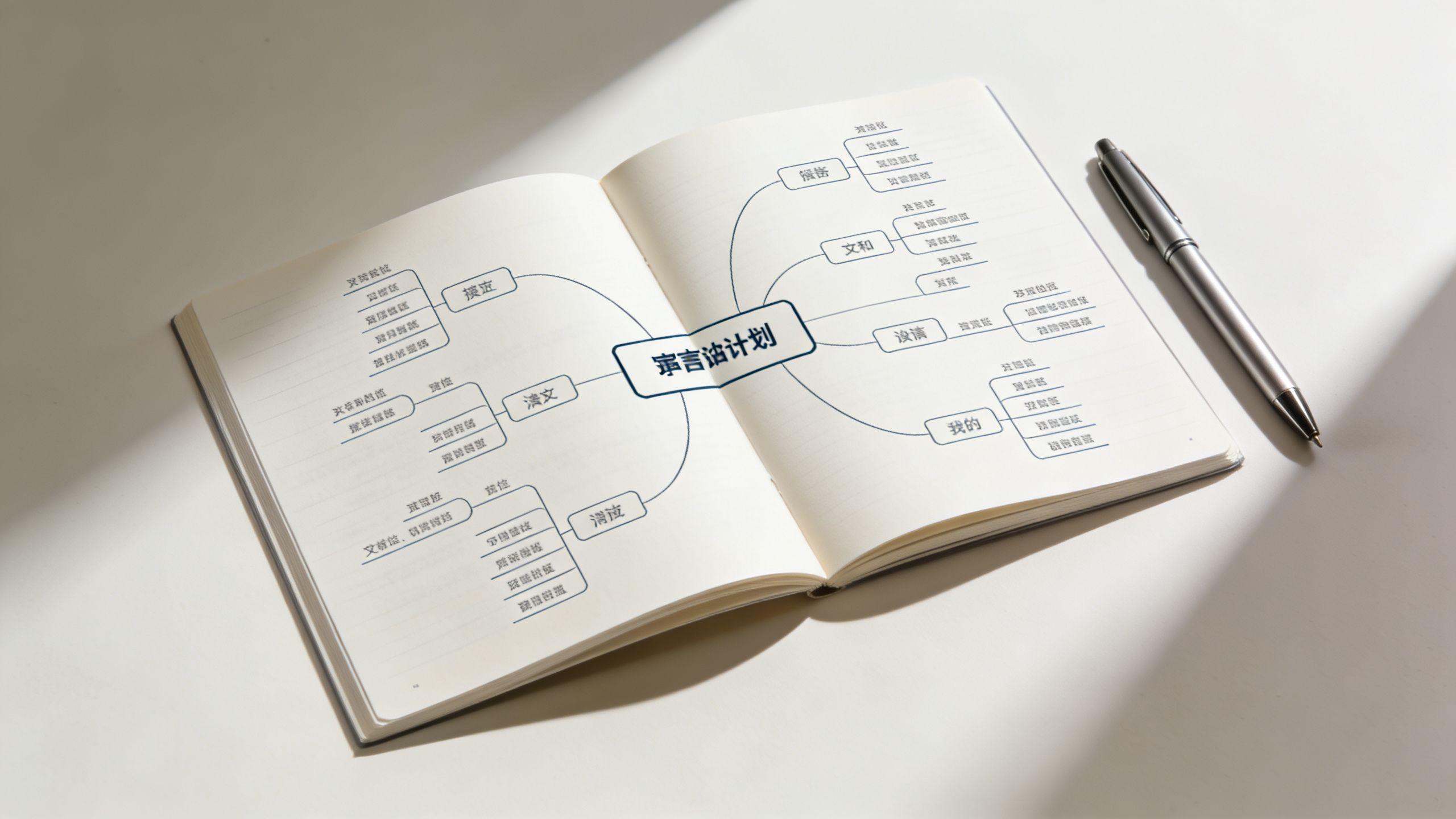 An open notebook on a table displays a mind map with handwritten Chinese text and a pen nearby.