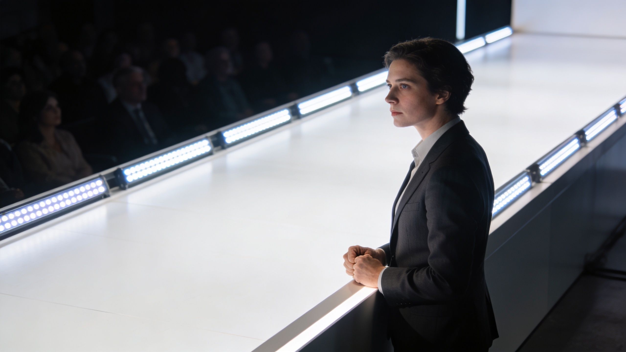 A professional woman in a suit stands on a stage preparing for a public speaking engagement.