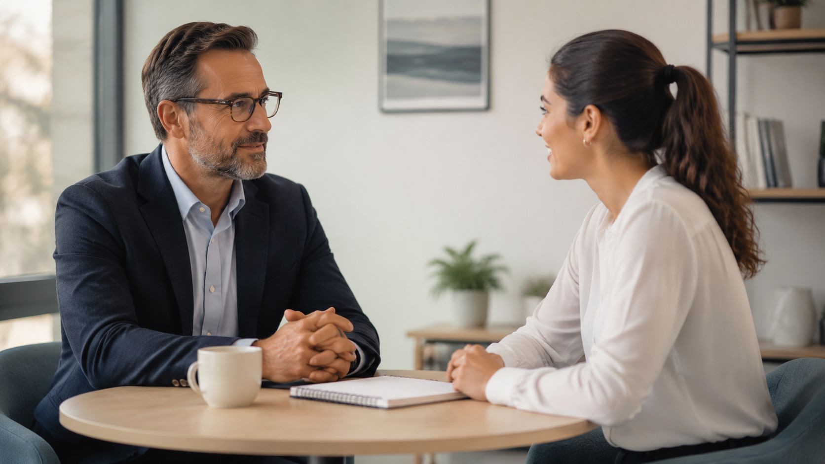 A professional man and woman having a productive conversation during a business meeting in an office.