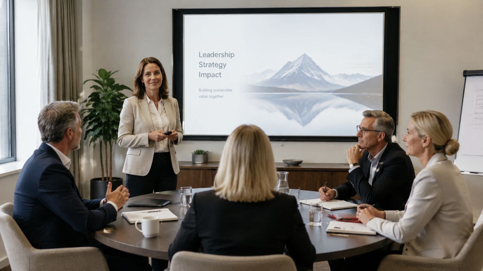 A businesswoman presents a strategy to colleagues sitting around a conference table in a modern office boardroom.