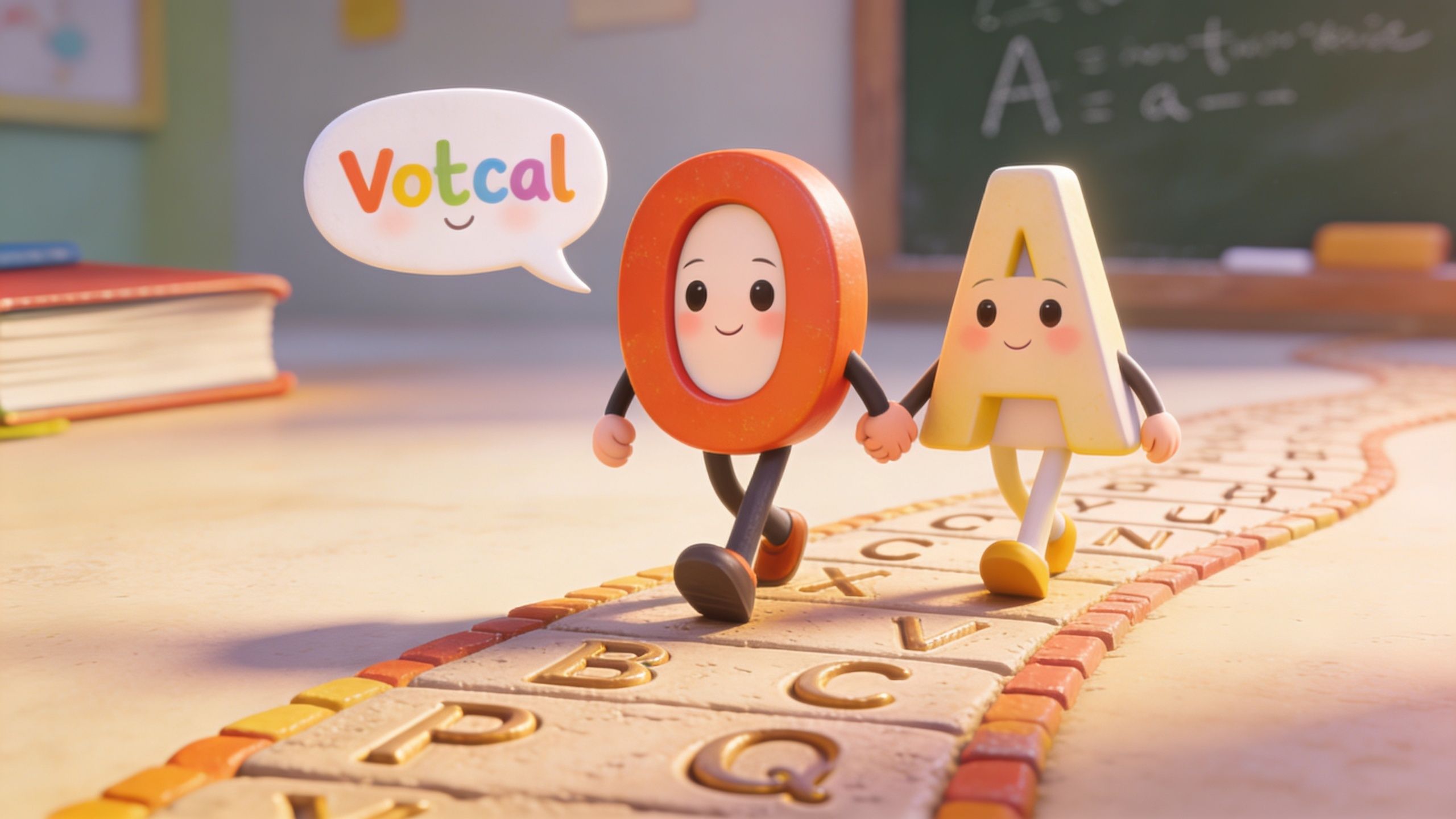 Anthropomorphic letter characters O and A walking along a path of lettered tiles in a classroom setting.
