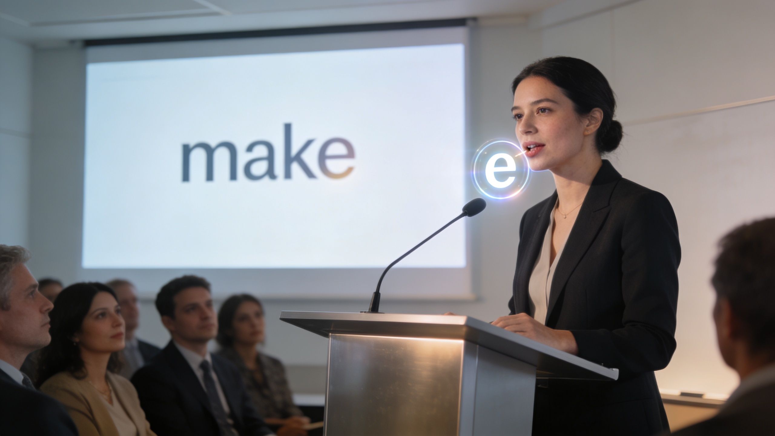 A businesswoman speaking at a conference with a holographic e icon floating near her mouth.