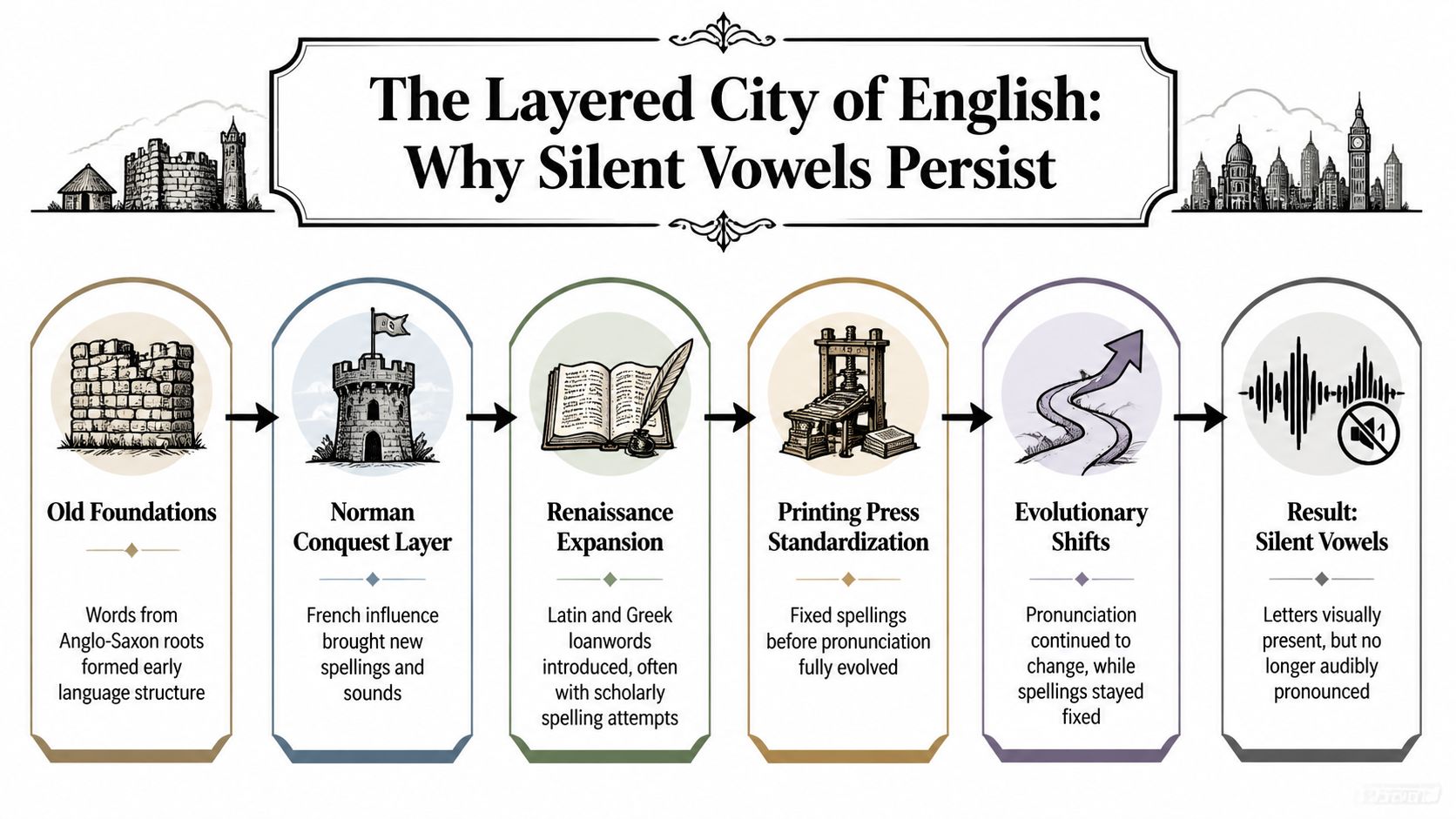 A diagram illustrating the historical evolution of English language, showing how events led to silent vowels.