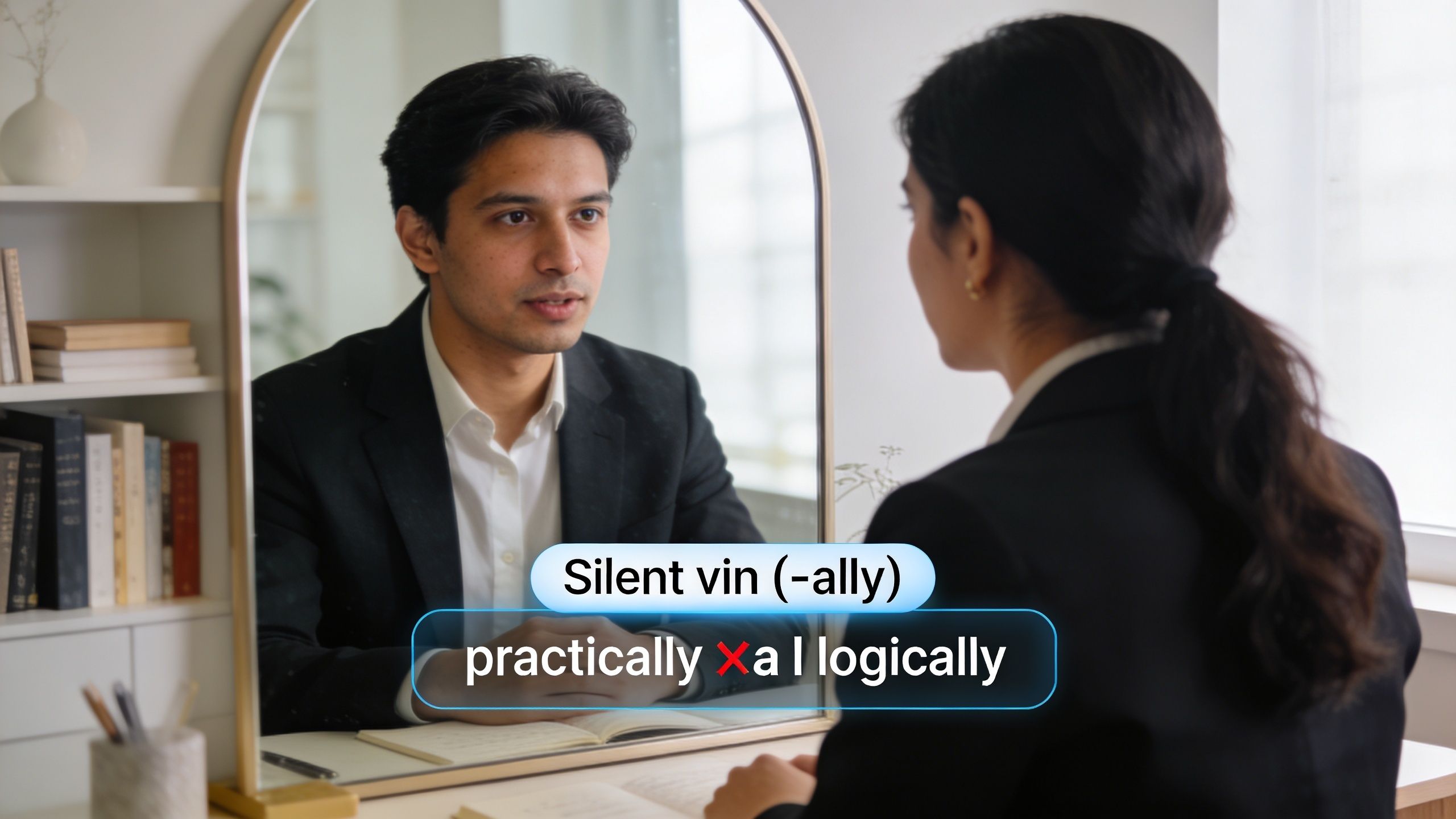 A woman looks in the mirror at her reflection which displays text about silent vowels in English.