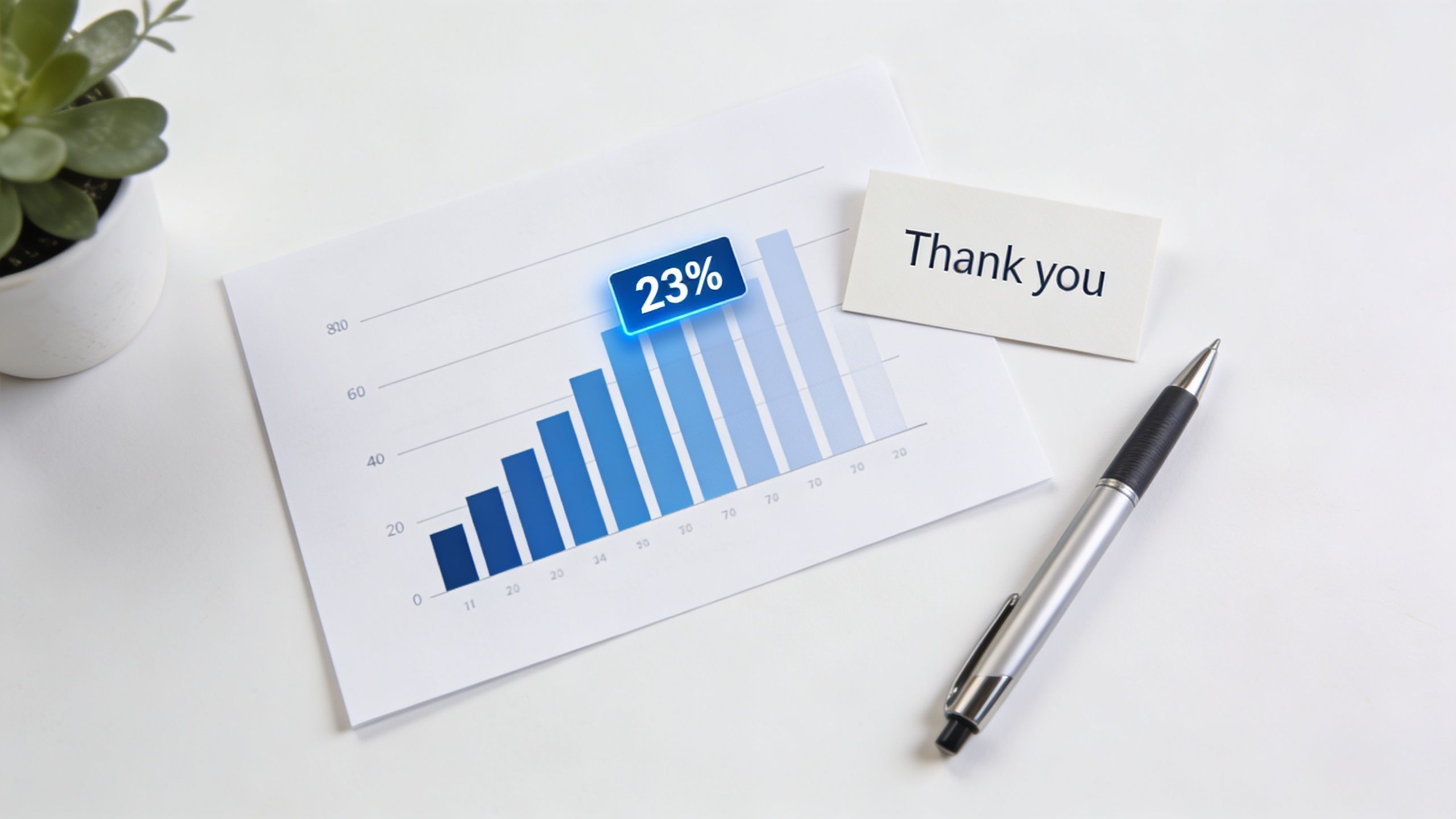 A professional thank you note placed next to a bar chart illustrating growth on a white desk.