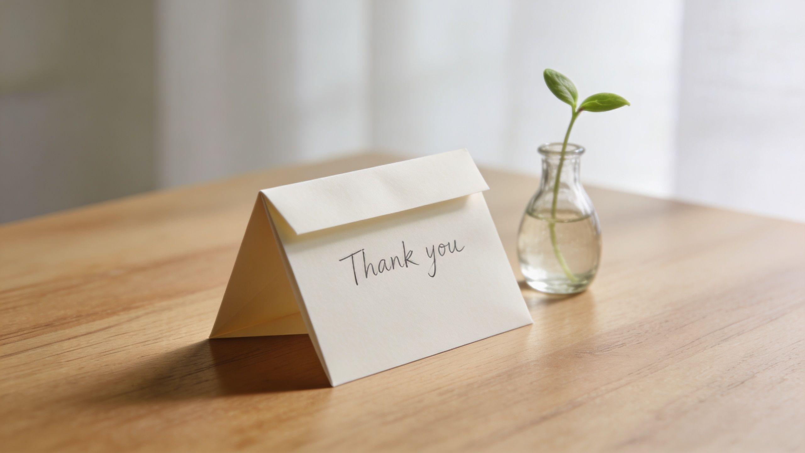 A simple thank you note on a wooden table next to a small glass vase with a sprout.