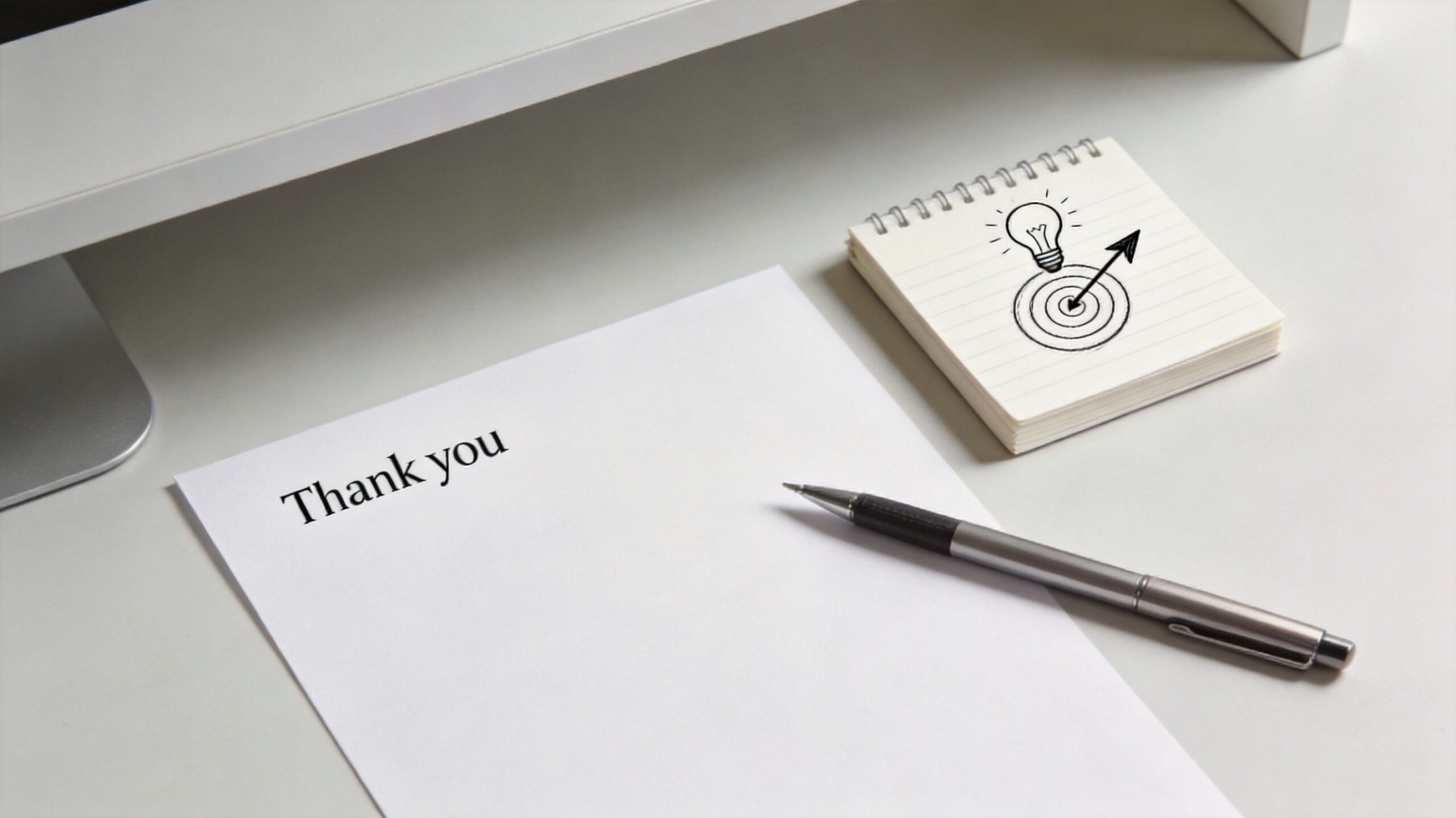 A thank you note on a desk next to a pen and a notepad with an innovation sketch