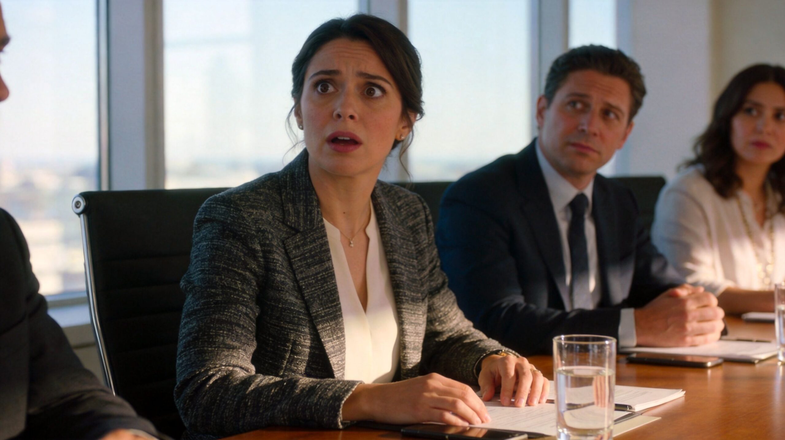 A woman in a business suit looking surprised during a professional meeting in an office conference room.