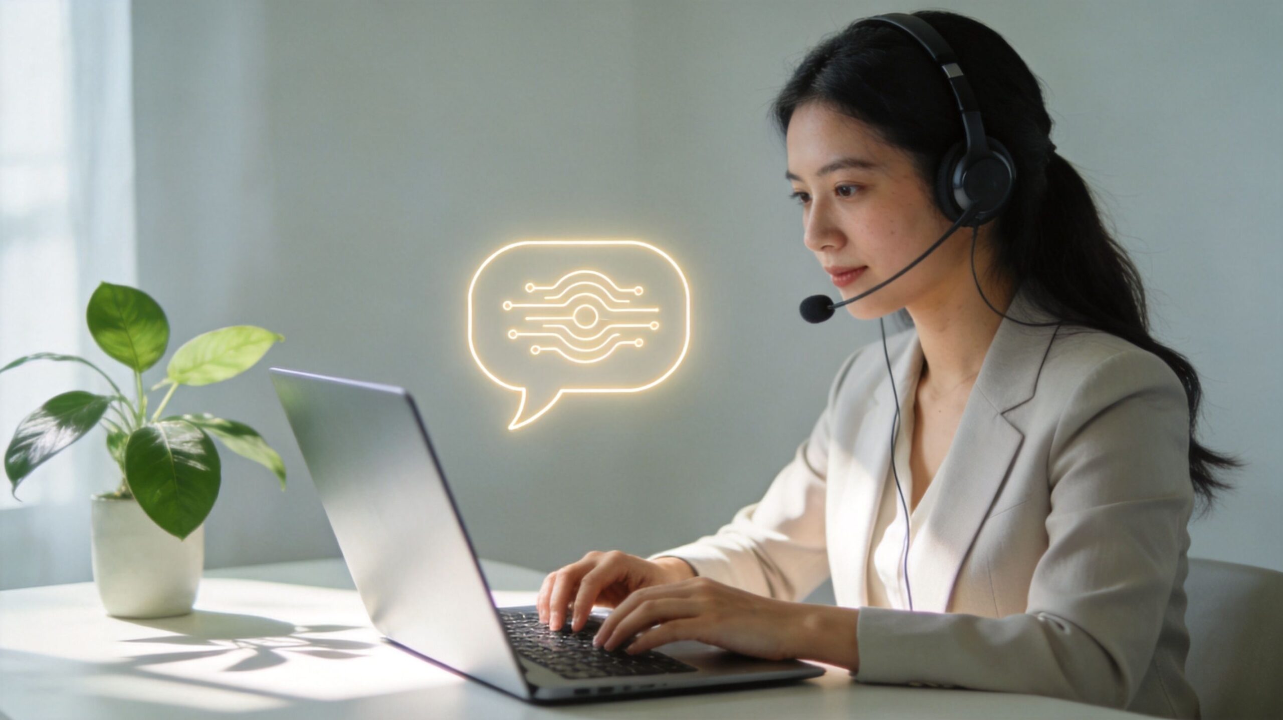 A professional woman wearing a headset working on her laptop with a glowing digital communication icon floating above.