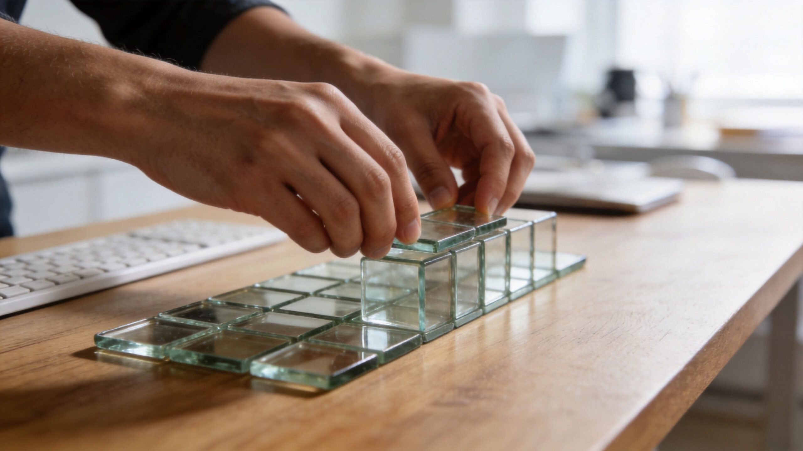 A close-up view of hands assembling a structure made of clear glass tiles on a wooden desk.