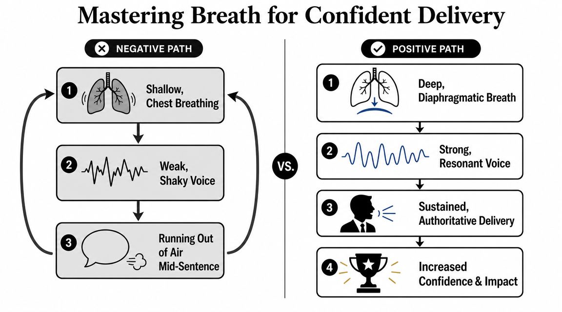 A diagram comparing negative shallow chest breathing versus positive diaphragmatic breathing for confident vocal delivery.