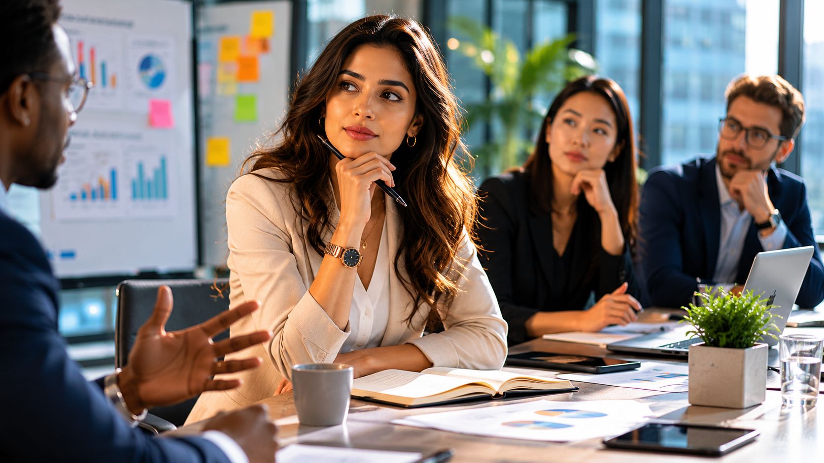 A professional business team having a collaborative meeting around a table in a modern office boardroom.