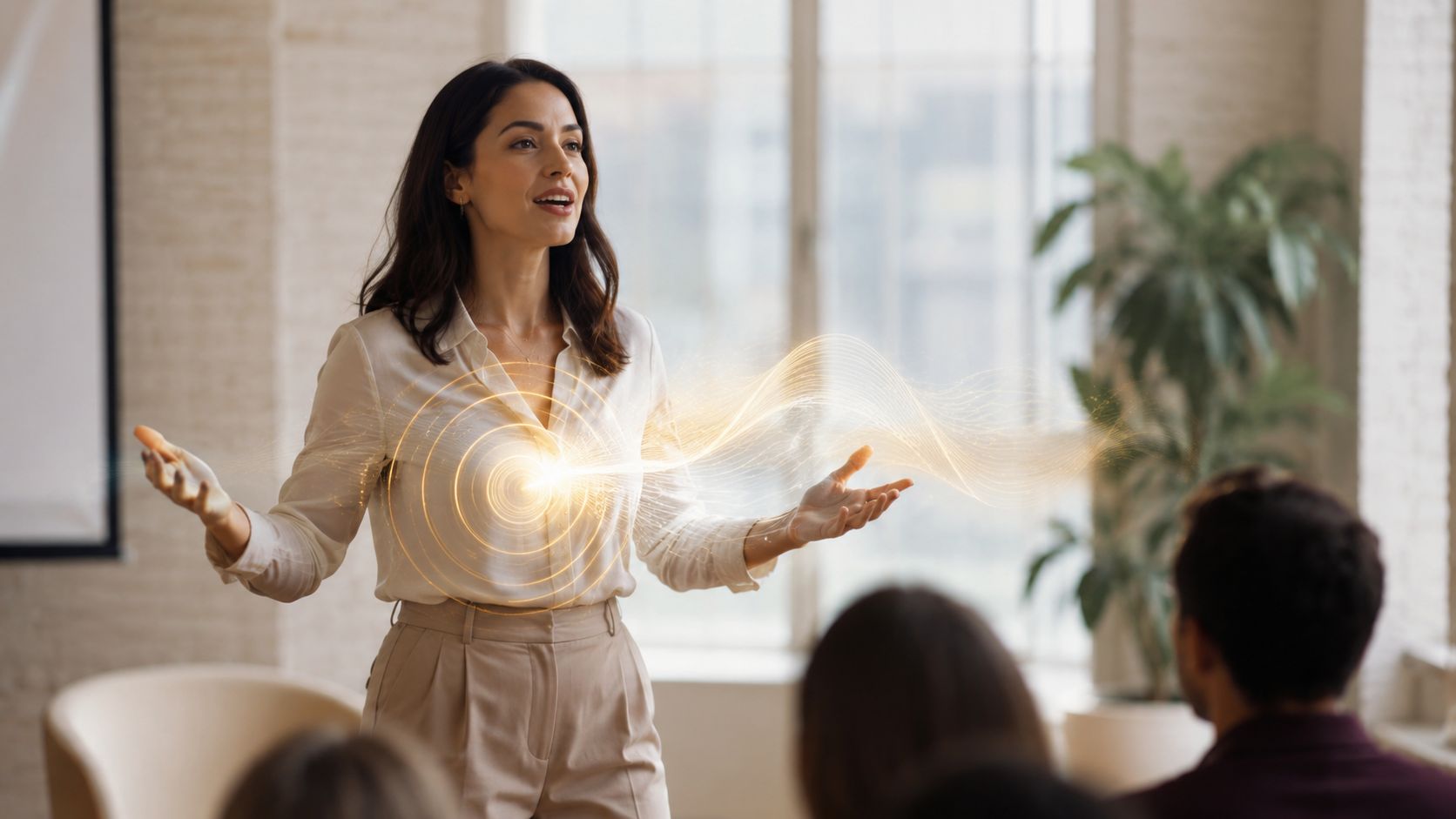 A professional woman presenting during a workshop with a glowing digital wave effect emanating from her chest.