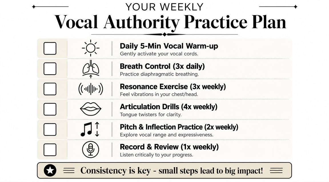 A weekly vocal practice plan checklist including daily warm-ups, breath control, and articulation drills for better speaking.