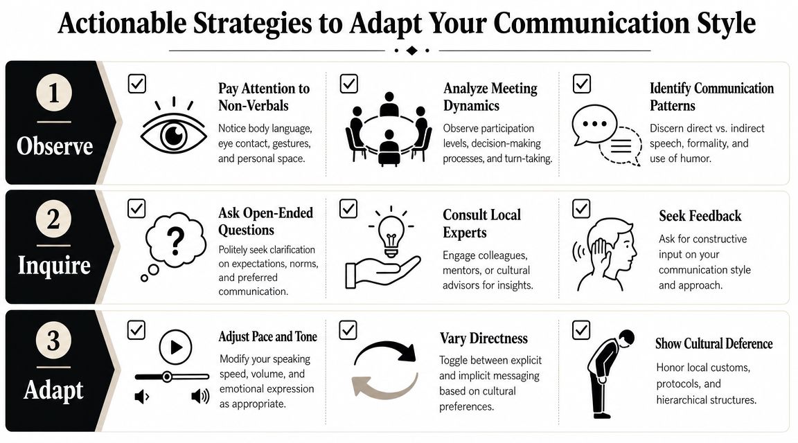 A visual guide illustrating actionable strategies for adapting communication styles through observation, inquiry, and adaptation techniques.