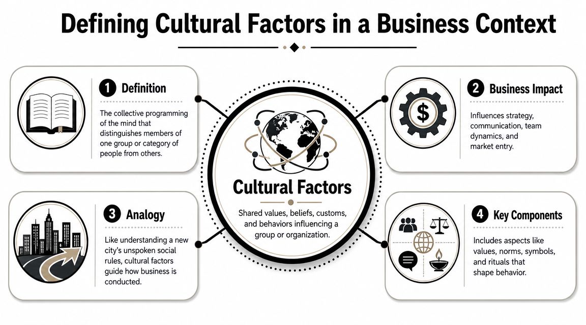 A diagram defining cultural factors in a business context, covering definition, impact, analogy, and key components.