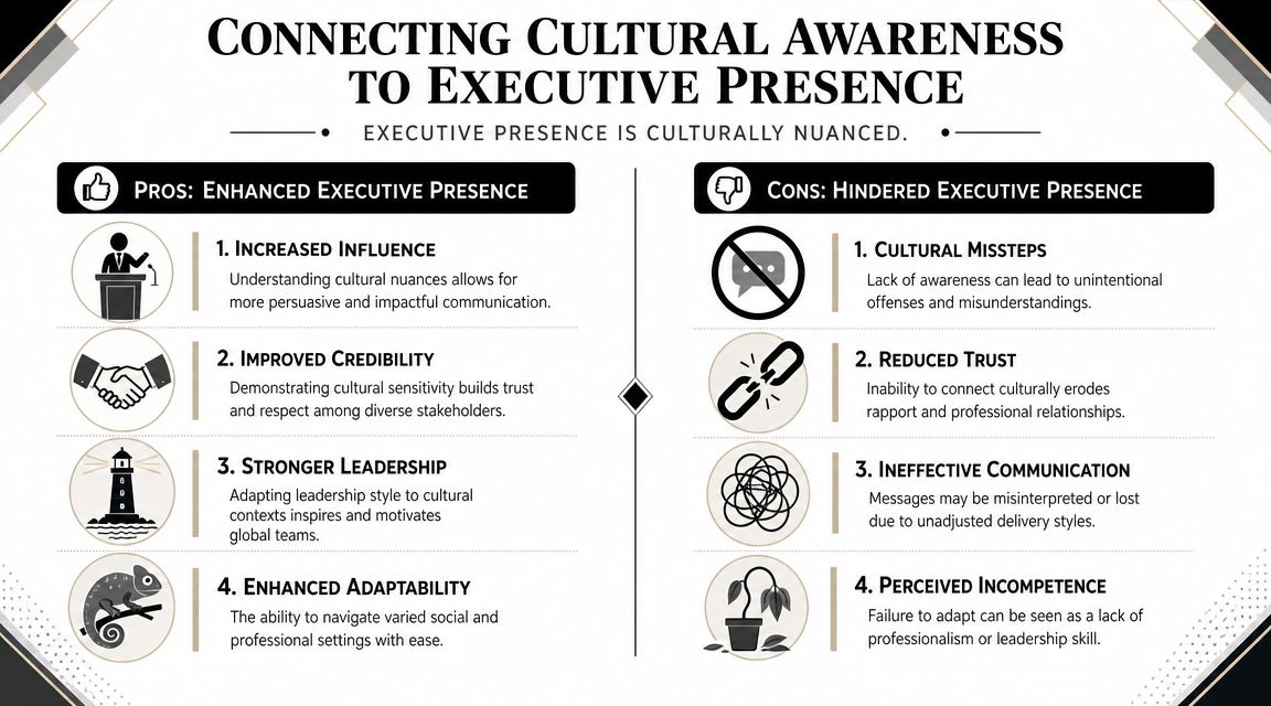 An infographic illustrating the connection between cultural awareness and effective executive presence in professional environments.