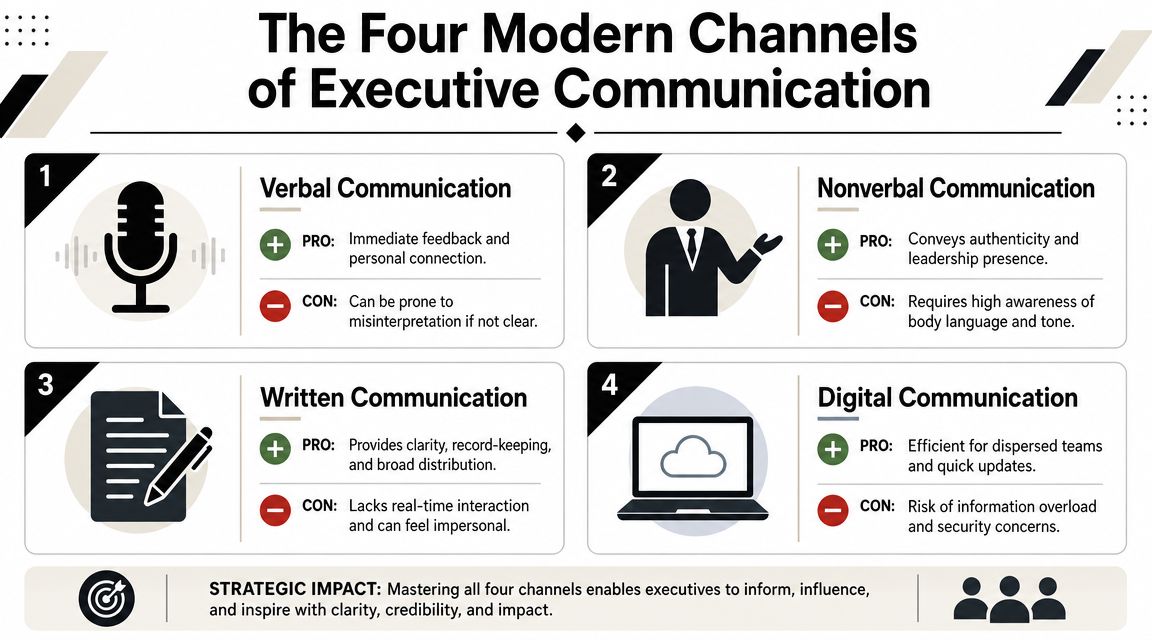 A professional infographic titled The Four Modern Channels of Executive Communication explaining verbal, nonverbal, written, and digital methods.