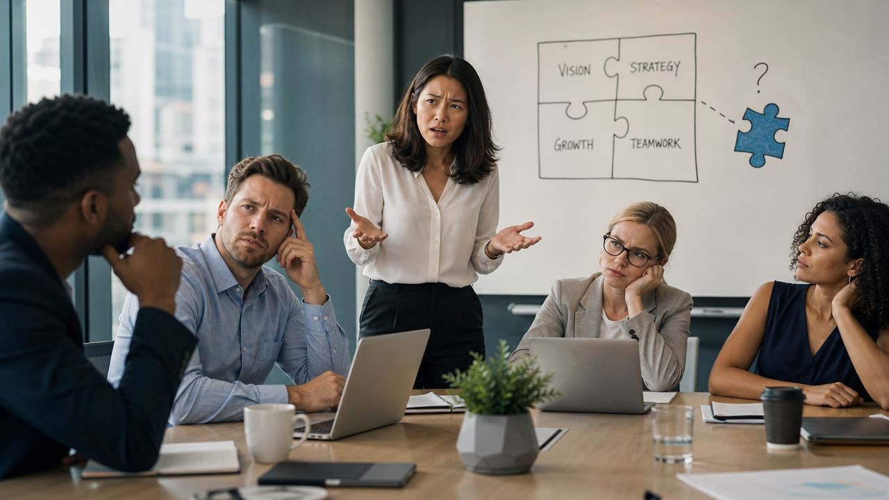 A diverse group of office professionals having a frustrated business meeting about a strategy puzzle.