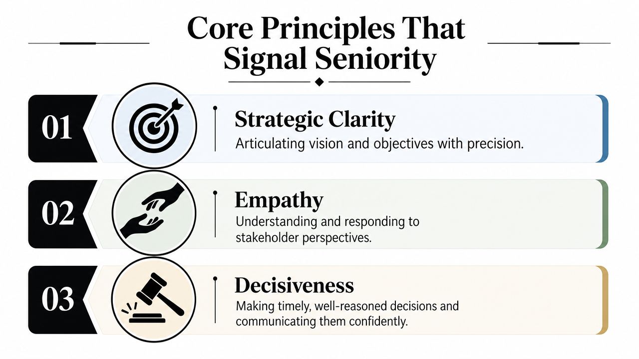 A professional graphic detailing three core principles of seniority: strategic clarity, empathy, and decisiveness.