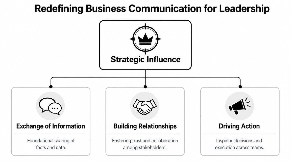 A diagram illustrating strategic influence as the core pillar of effective business communication for leadership roles.