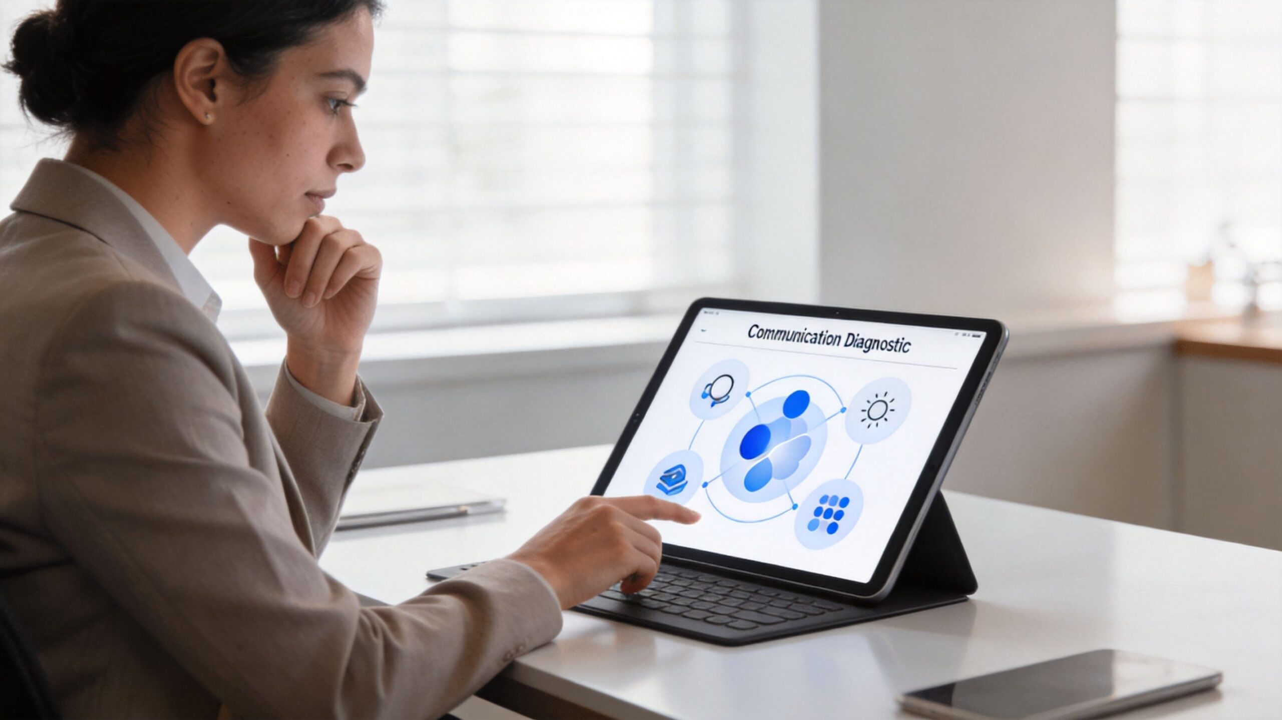 A professional woman in a suit using a tablet to analyze business communication diagnostic software.