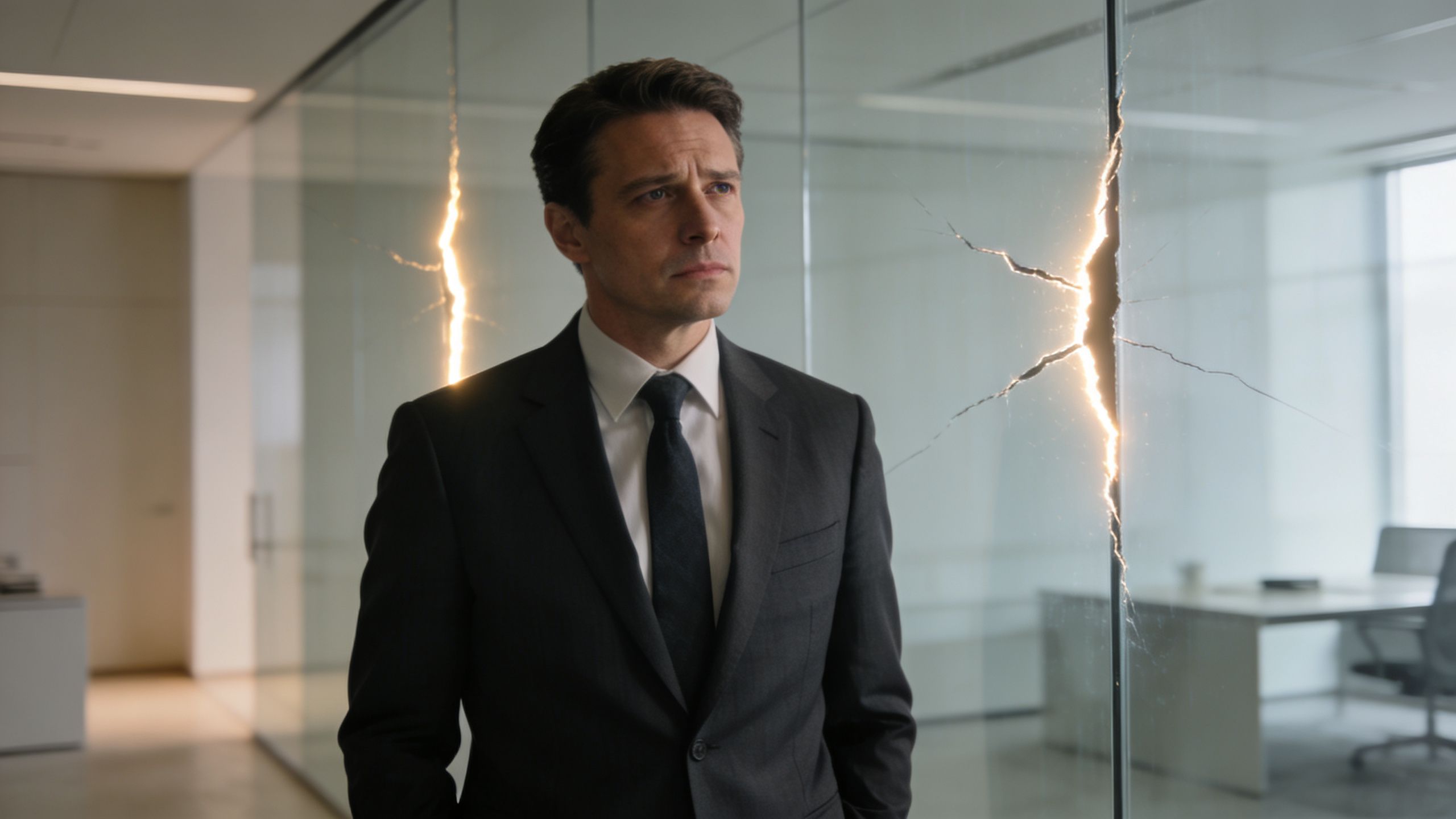 A serious businessman stands in a modern office between two glowing, cracked glass office partition walls.