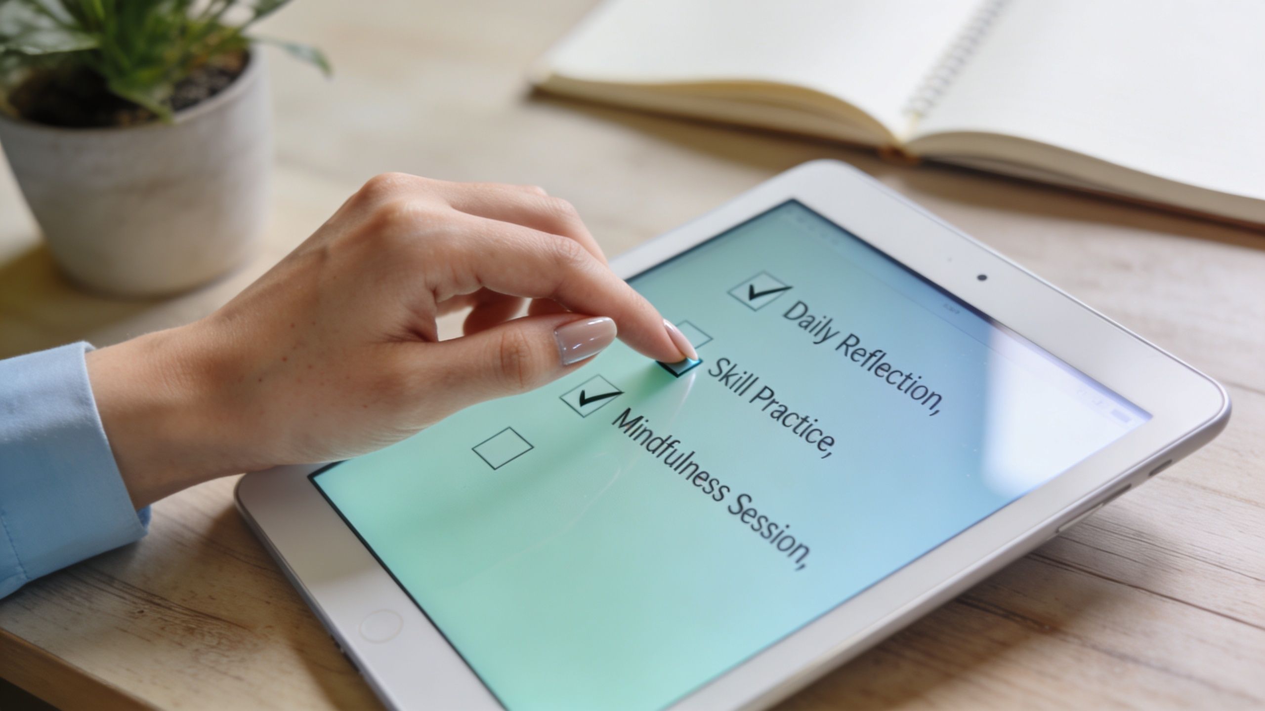 A person using a finger to check items on a digital to-do list on a tablet screen.