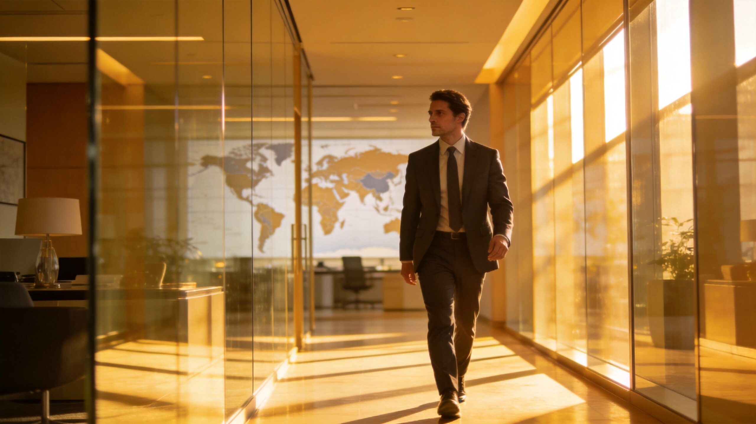 A professional businessman in a suit walking confidently through a sunlit, modern glass-walled office corridor.