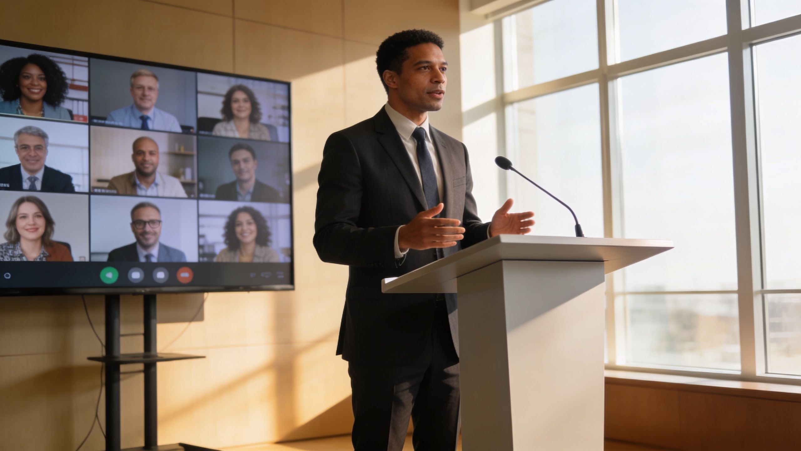 A professional man in a suit speaking at a podium during a virtual video conference meeting.