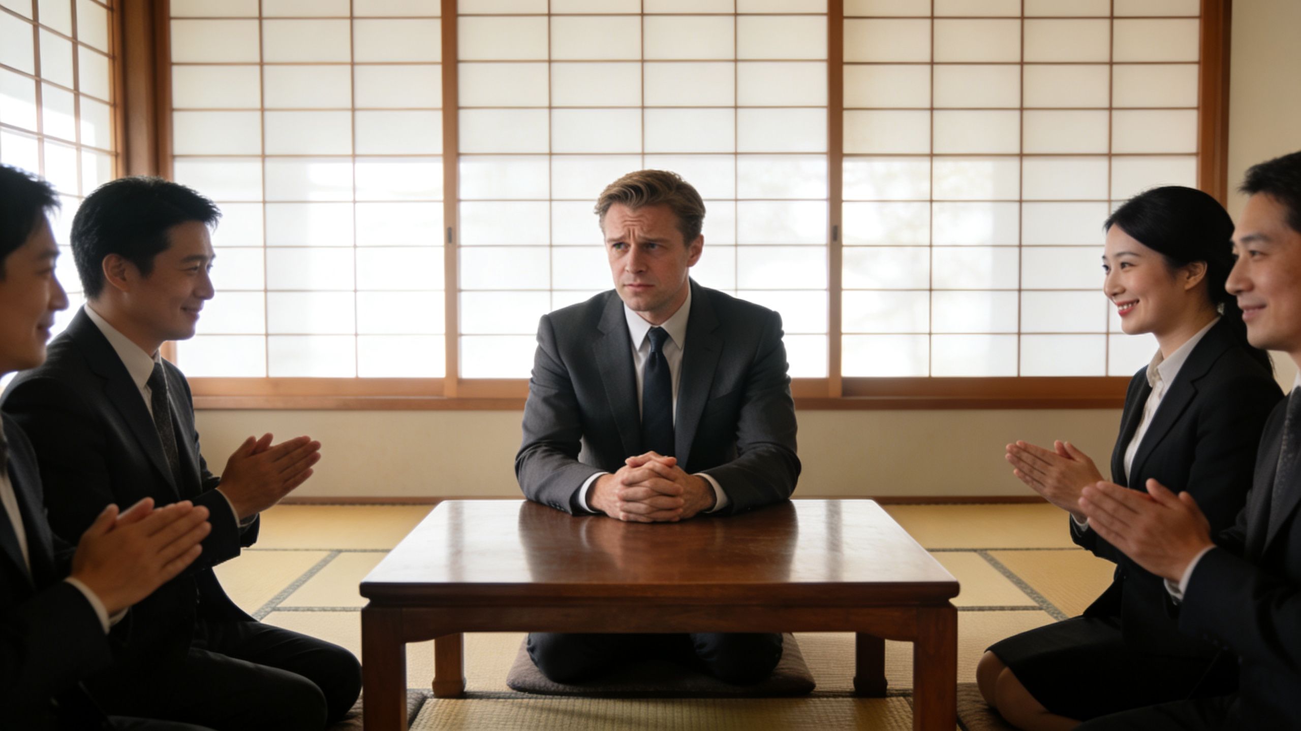 A Western businessman sitting across from Japanese business partners in a traditional room with tatami mats.