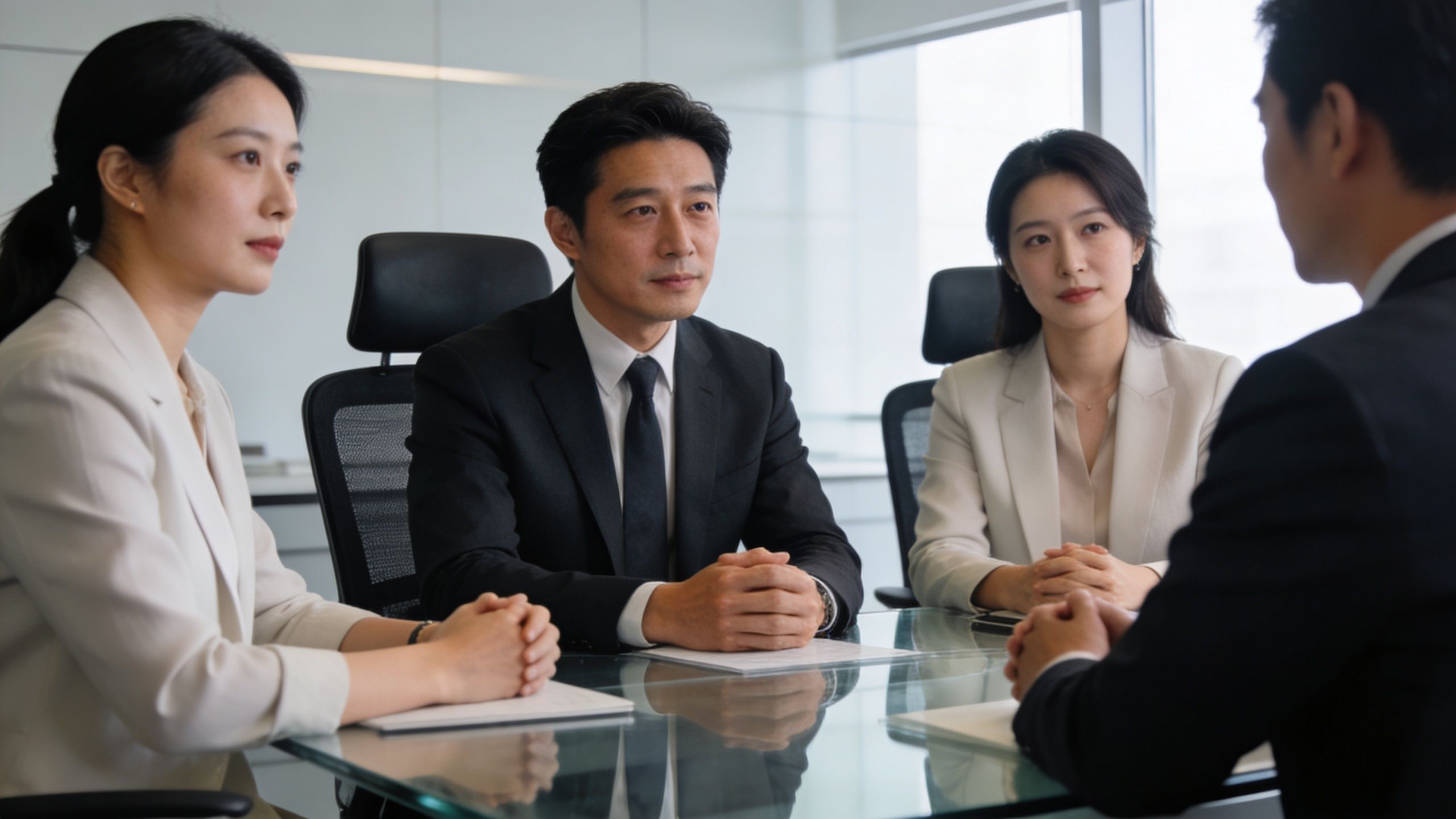 A professional business meeting with a group of diverse individuals sitting around a glass conference table.
