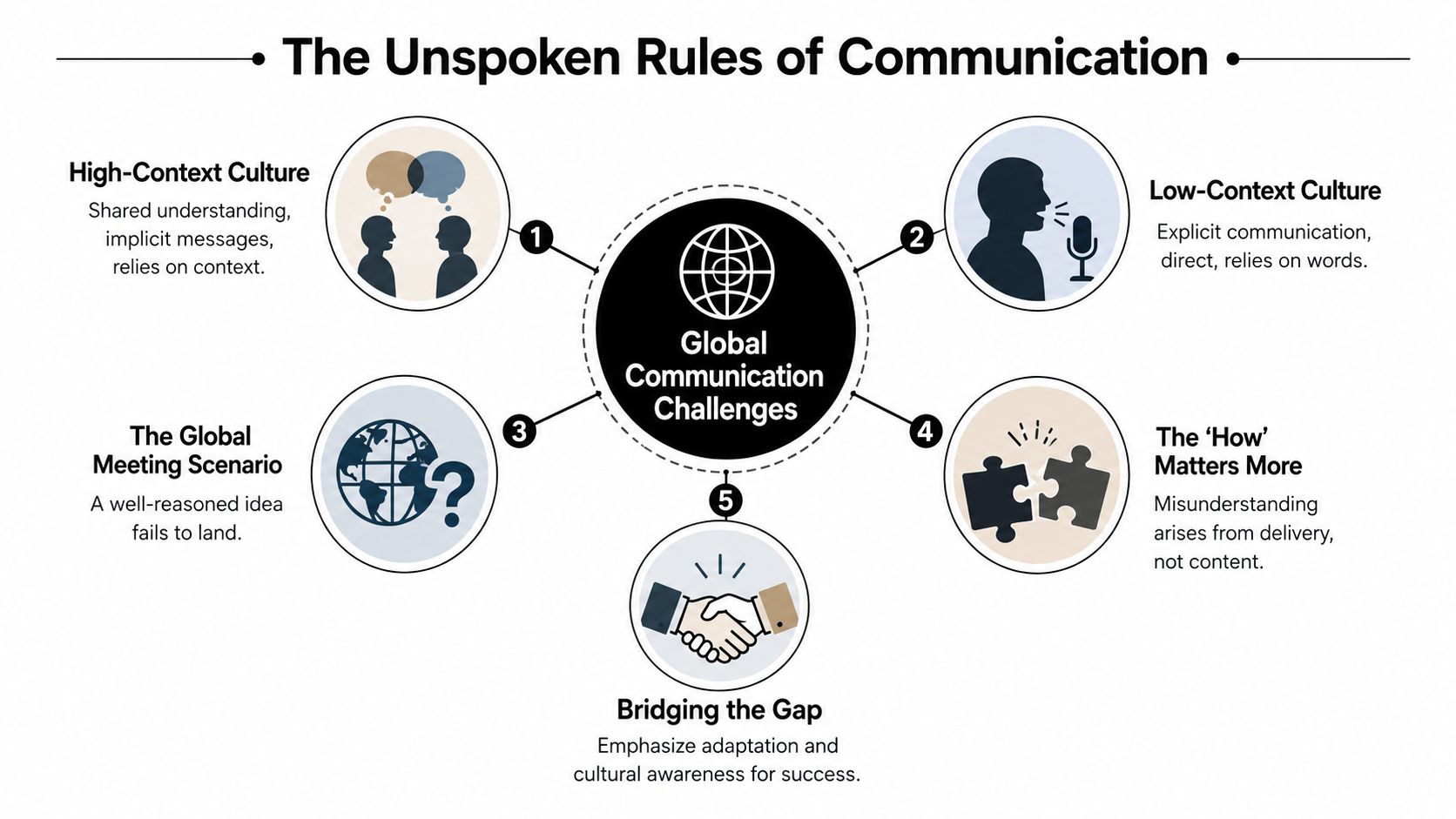 A diagram illustrating the unspoken rules of communication, including high and low context cultures and global challenges.