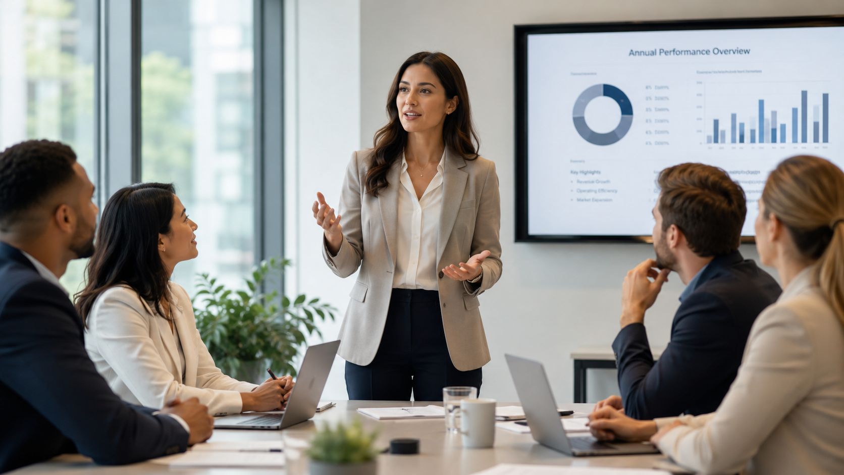 A professional woman leading a business presentation in a modern conference room with her team.