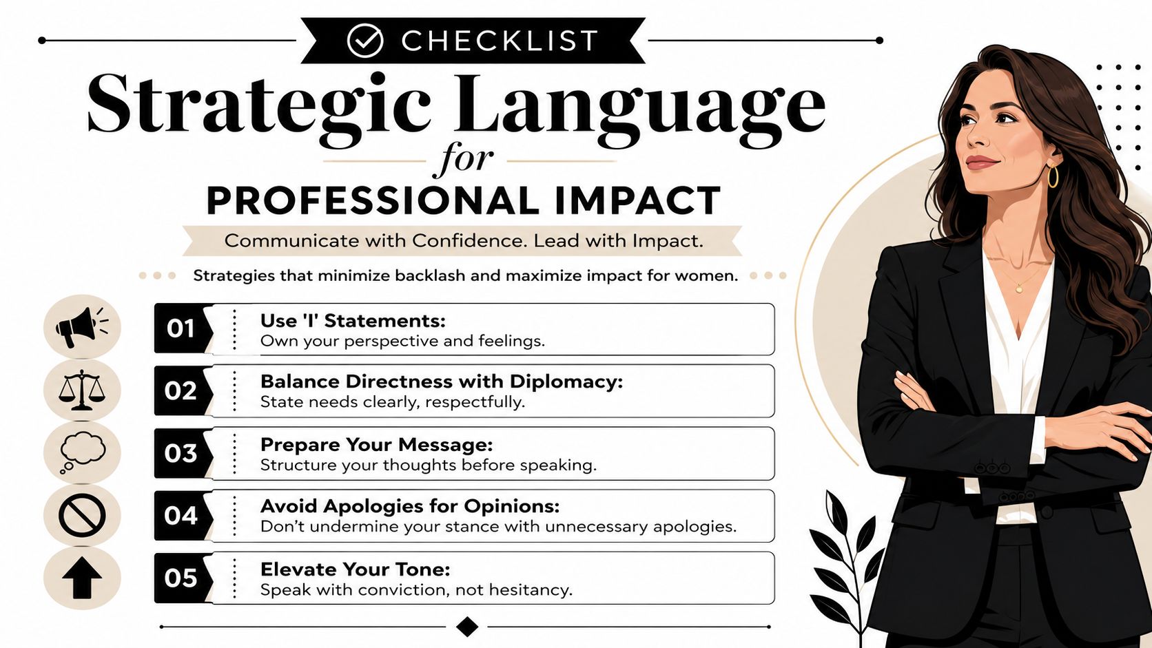 A professional infographic titled Strategic Language for Professional Impact offering five communication tips for women in business.