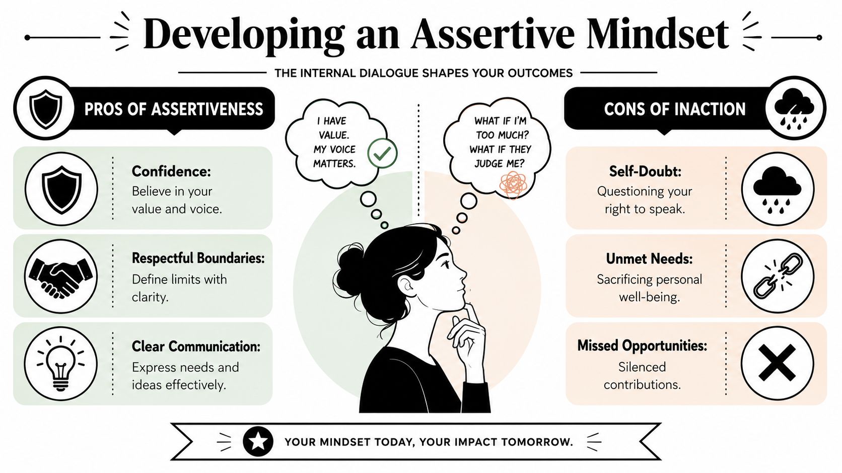 An infographic comparing the benefits of assertive communication against the negative consequences of inaction in daily life.