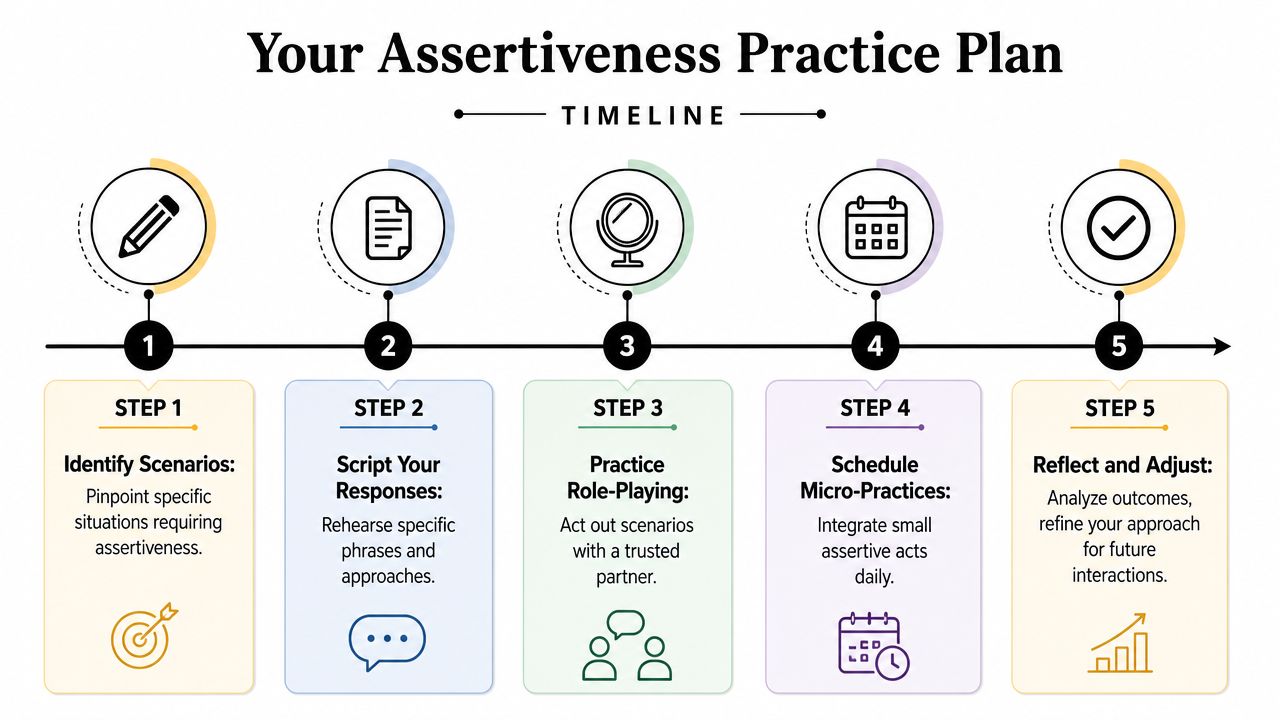 A five-step timeline graphic illustrating an assertiveness practice plan with icons for each developmental stage.
