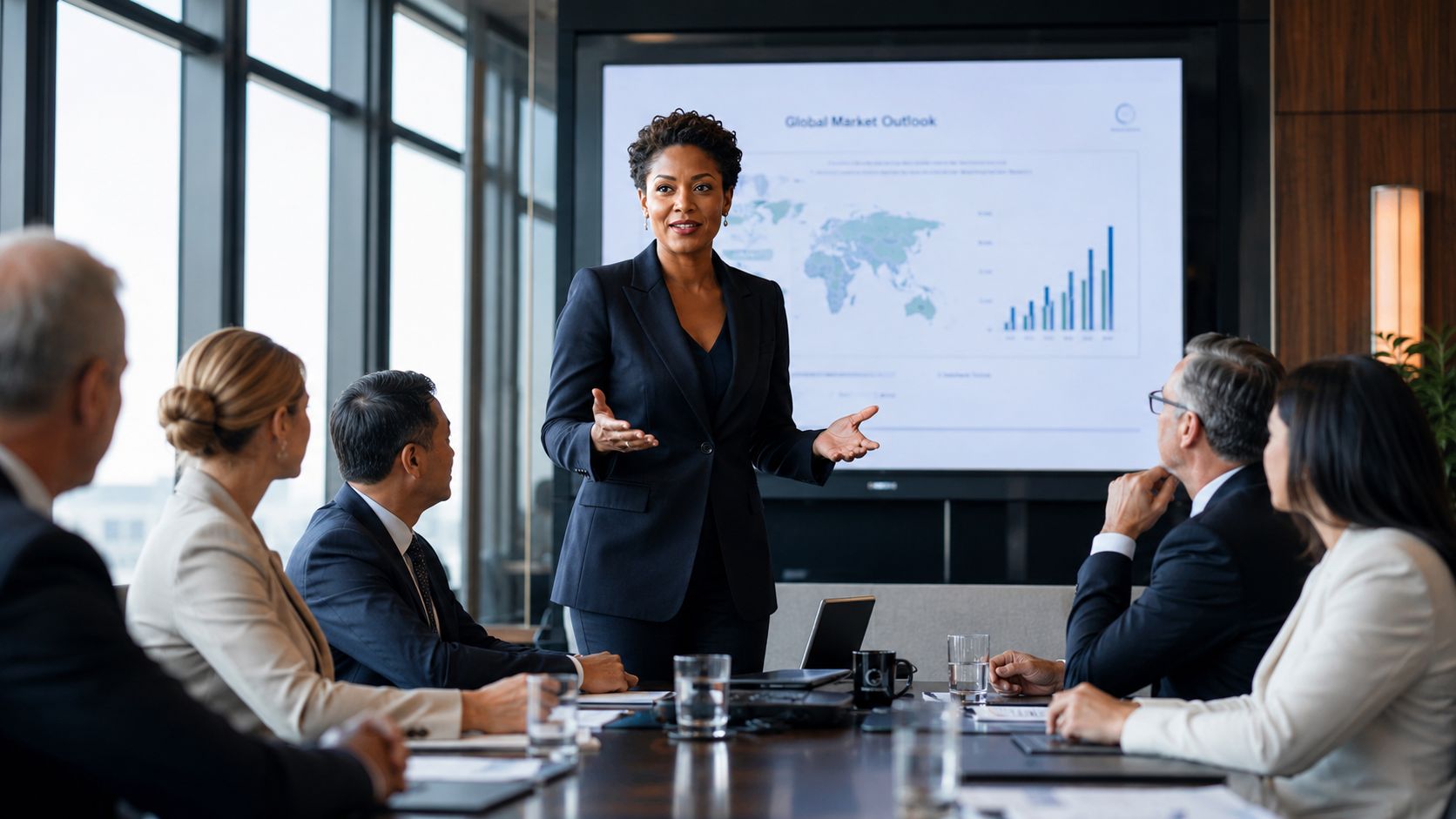 A professional woman in a suit stands and presents a global market outlook to a board meeting.
