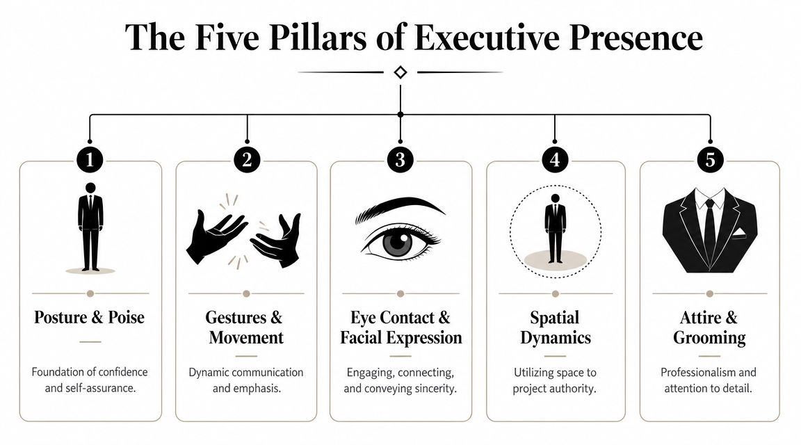 An infographic titled The Five Pillars of Executive Presence illustrating posture, gestures, eye contact, spatial dynamics, and attire.