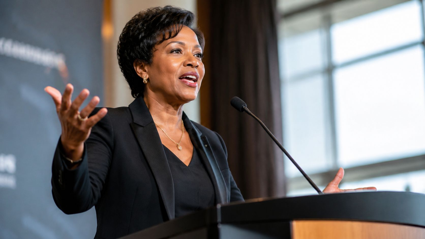A professional woman in a black blazer speaks confidently while standing behind a podium during a conference.
