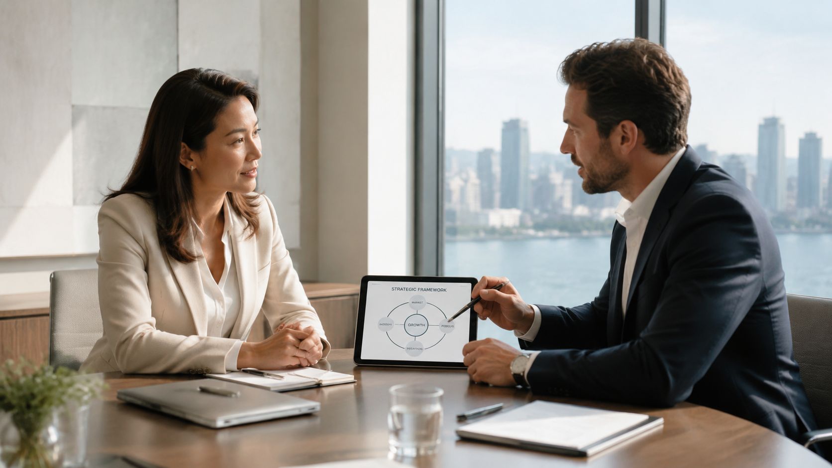 A professional man and woman in a corporate office meeting discussing a strategic growth framework chart.